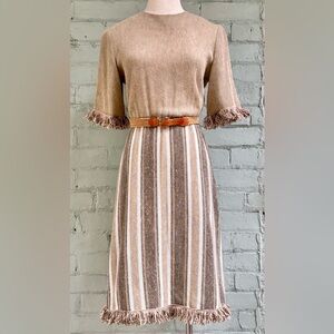 Vintage Woven Beige Striped Knit Midi Dress with Fringe